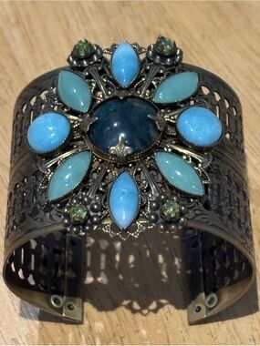Jan Michaels San Francisco brass and blue carbochon stone large cuff